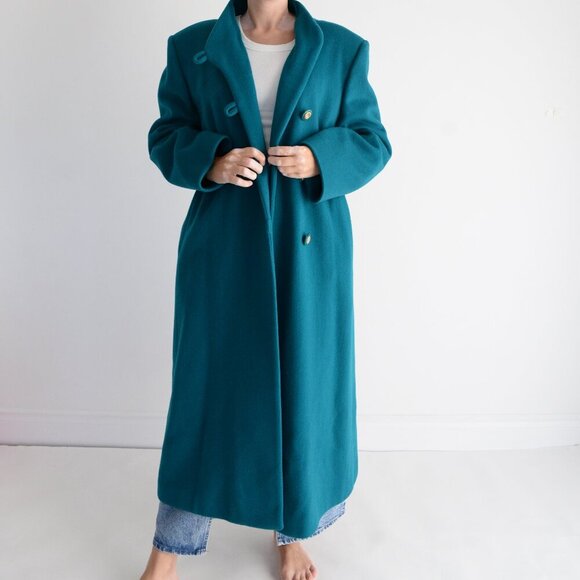 Vintage London Fog Teal 100% Wool Paisley Lined Button Up Peacoat Winter 14-M - Picture 1 of 12